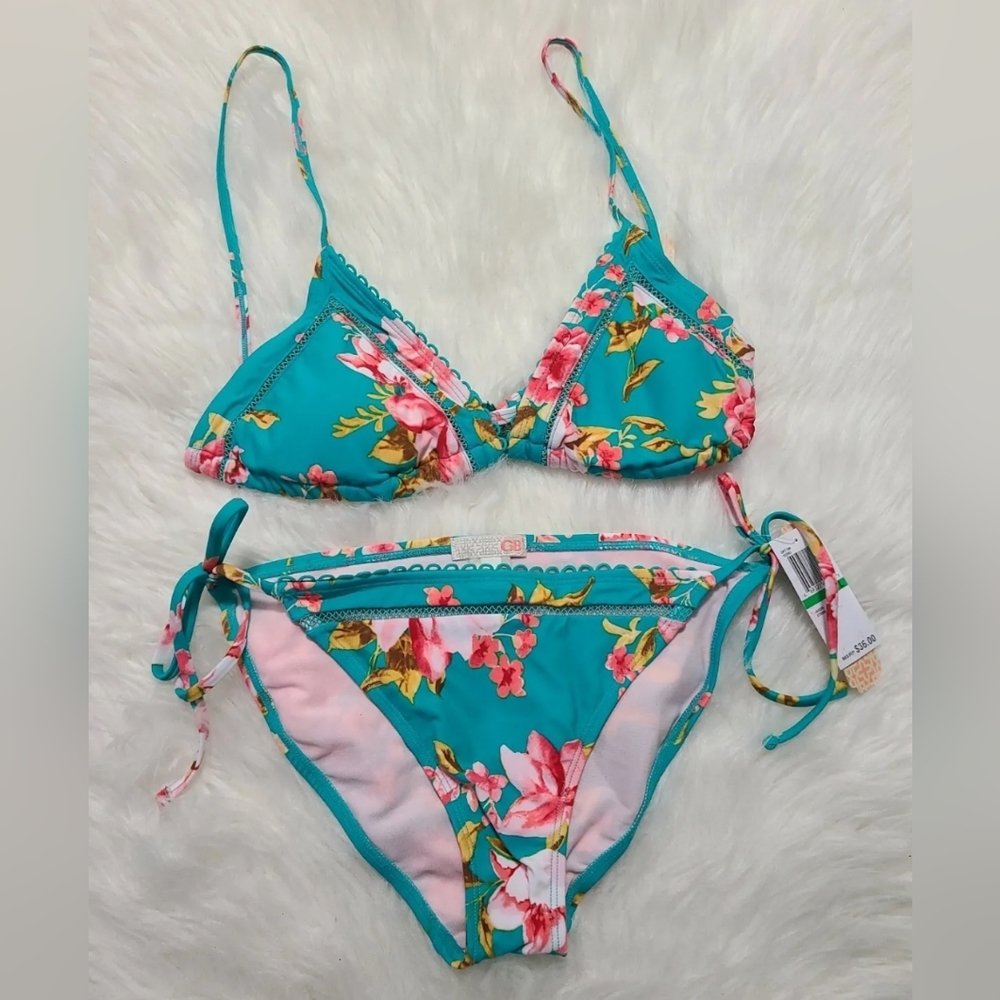 Gianni Bini Jardin Green Pink Floral print Two Piece Bikini-Size Large